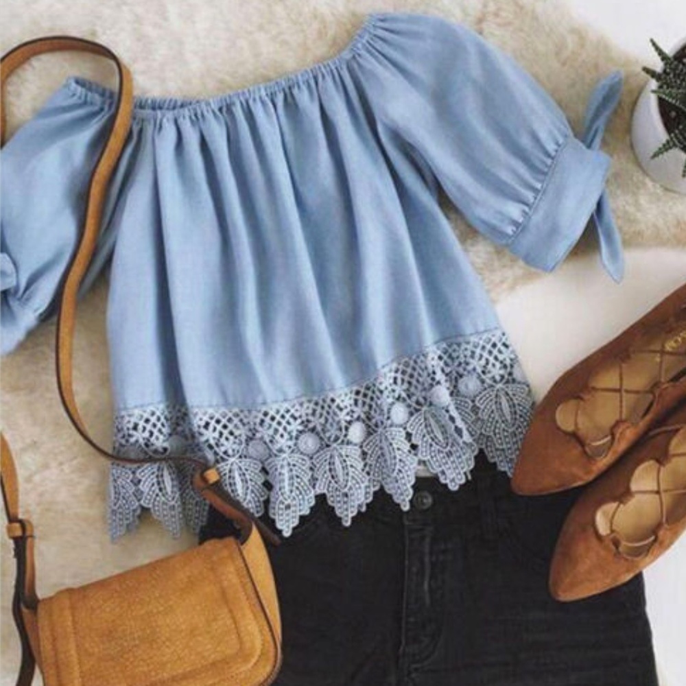 New boho Blue crochet lace off shoulder crop top - Picture 2 of 5